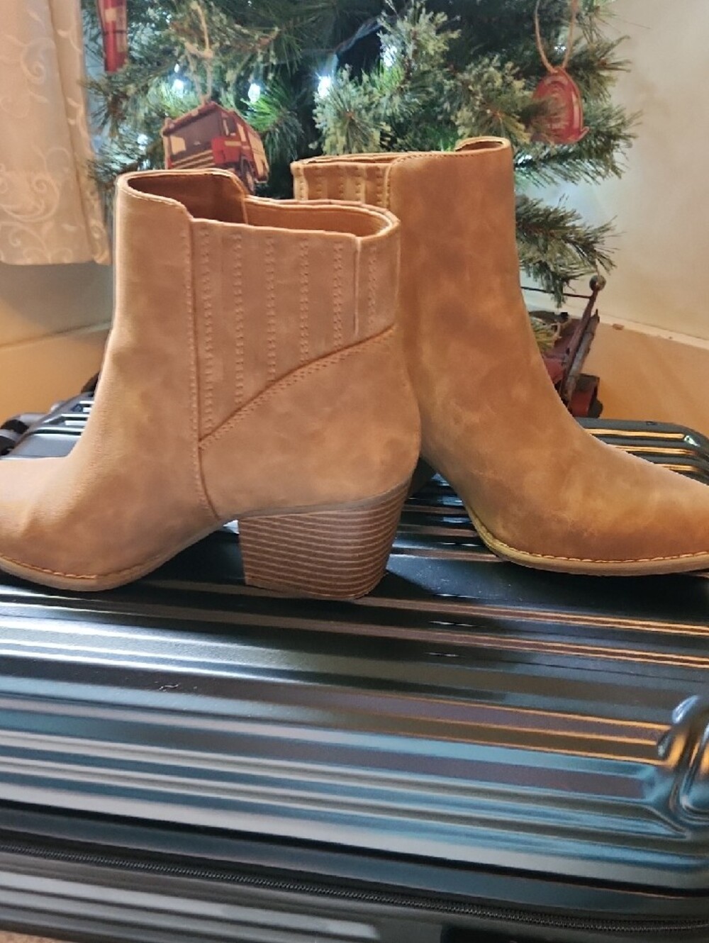 a.n.a Tan Suede Ankle Booties with Stacked Heel - Picture 4 of 10